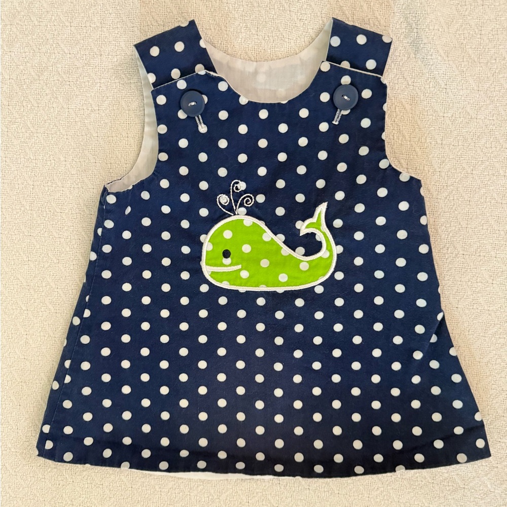 Lolly Wolly Doodle Navy Polka Dot Dress with Lime Whale Applique